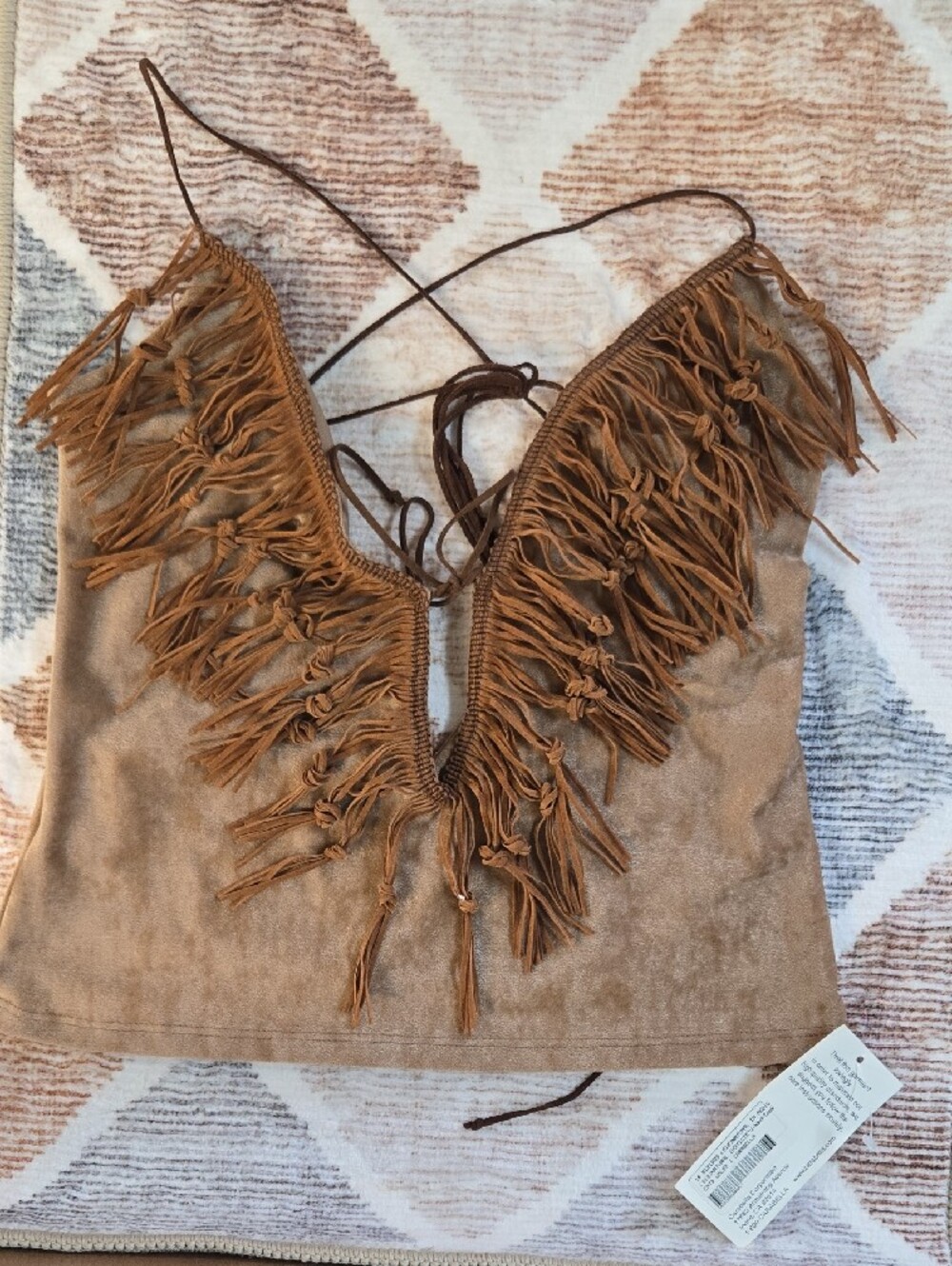 Suede Fringe V-Neck Cami Top - Camel